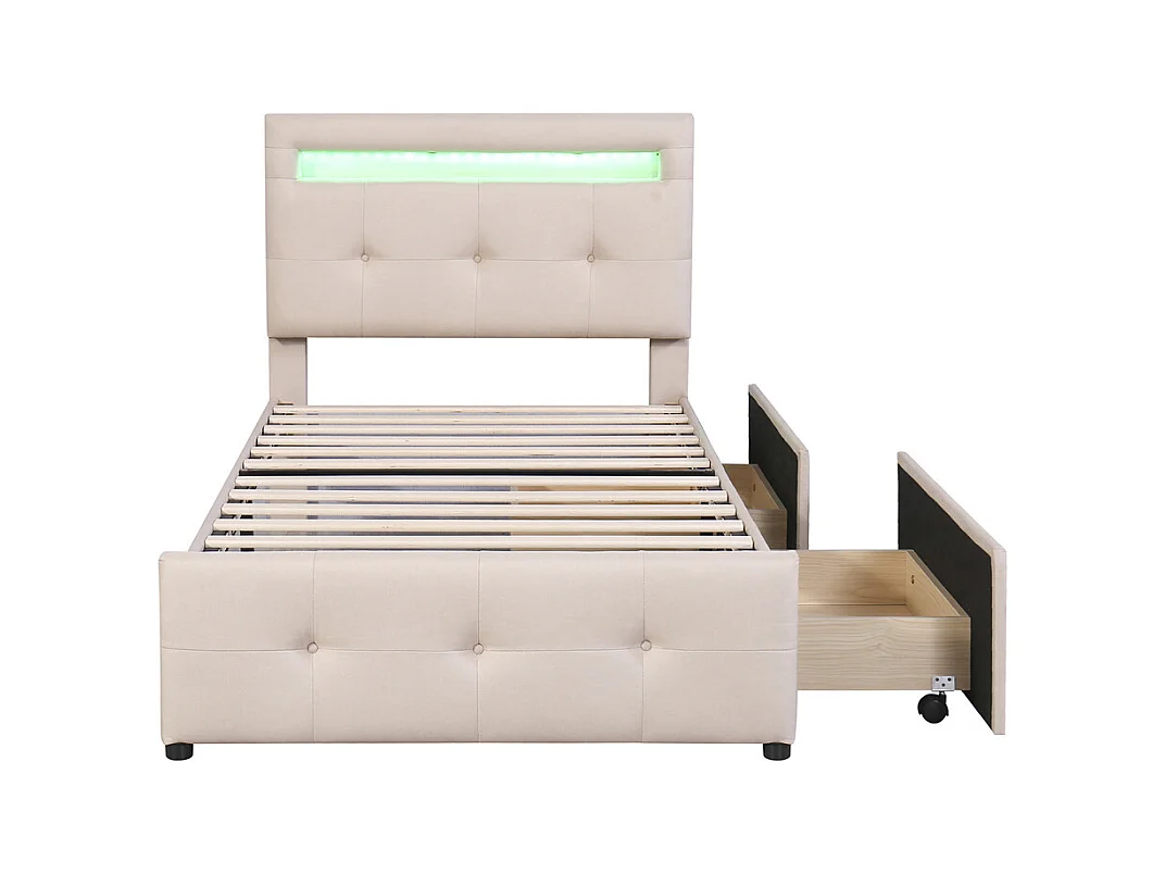 Lit jeune lit 90x200 cm lit rembourré lit 2 tiroirs avec des lampes led lit simple bois beige
