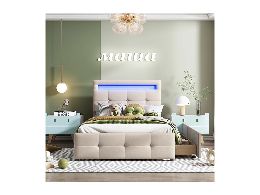 Lit jeune lit 90x200 cm lit rembourré lit 2 tiroirs avec des lampes led lit simple bois beige