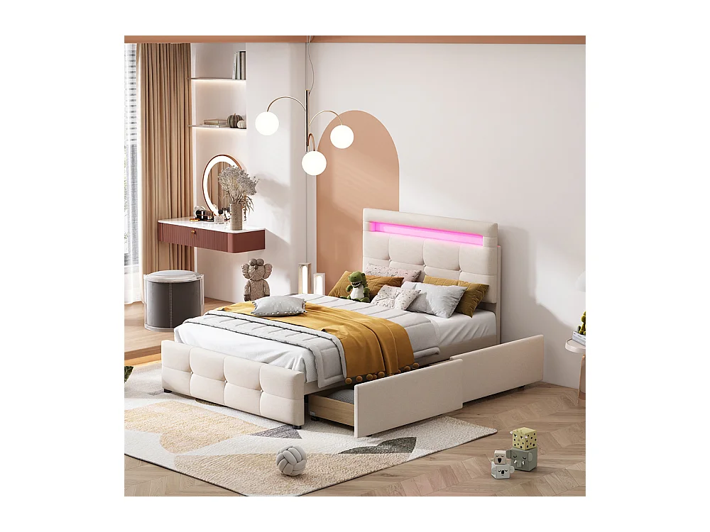 Lit jeune lit 90x200 cm lit rembourré lit 2 tiroirs avec des lampes led lit simple bois beige