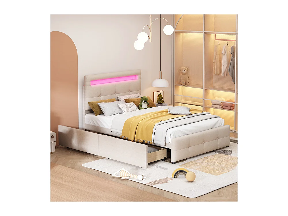 Lit jeune lit 90x200 cm lit rembourré lit 2 tiroirs avec des lampes led lit simple bois beige