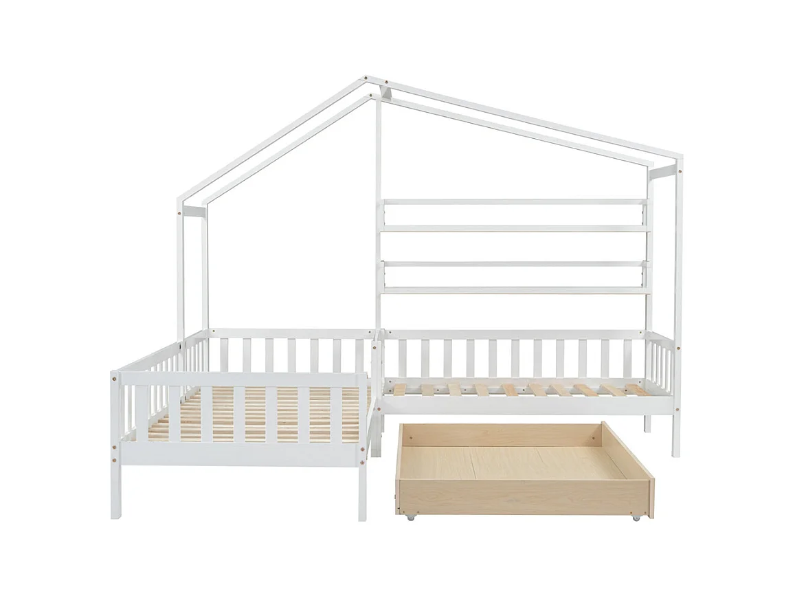 Lit jeune lit 90x200 cm+140x70cm avec tiroirs et étagères avec clôture avec sommier à lattes lit simple bois massif blanc