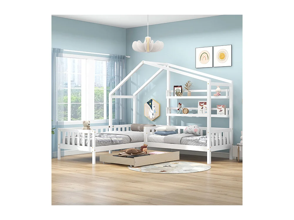 Lit jeune lit 90x200 cm+140x70cm avec tiroirs et étagères avec clôture avec sommier à lattes lit simple bois massif blanc