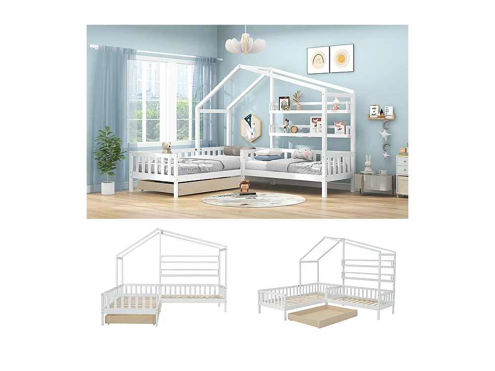 Lit jeune lit 90x200 cm+140x70cm avec tiroirs et étagères avec clôture avec sommier à lattes lit simple bois massif blanc