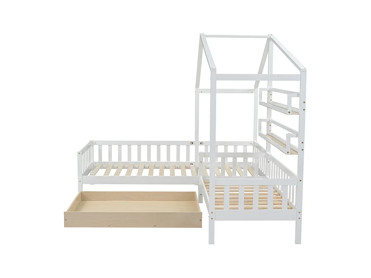 Lit jeune lit 90x200 cm+140x70cm avec tiroirs et étagères avec clôture avec sommier à lattes lit simple bois massif blanc