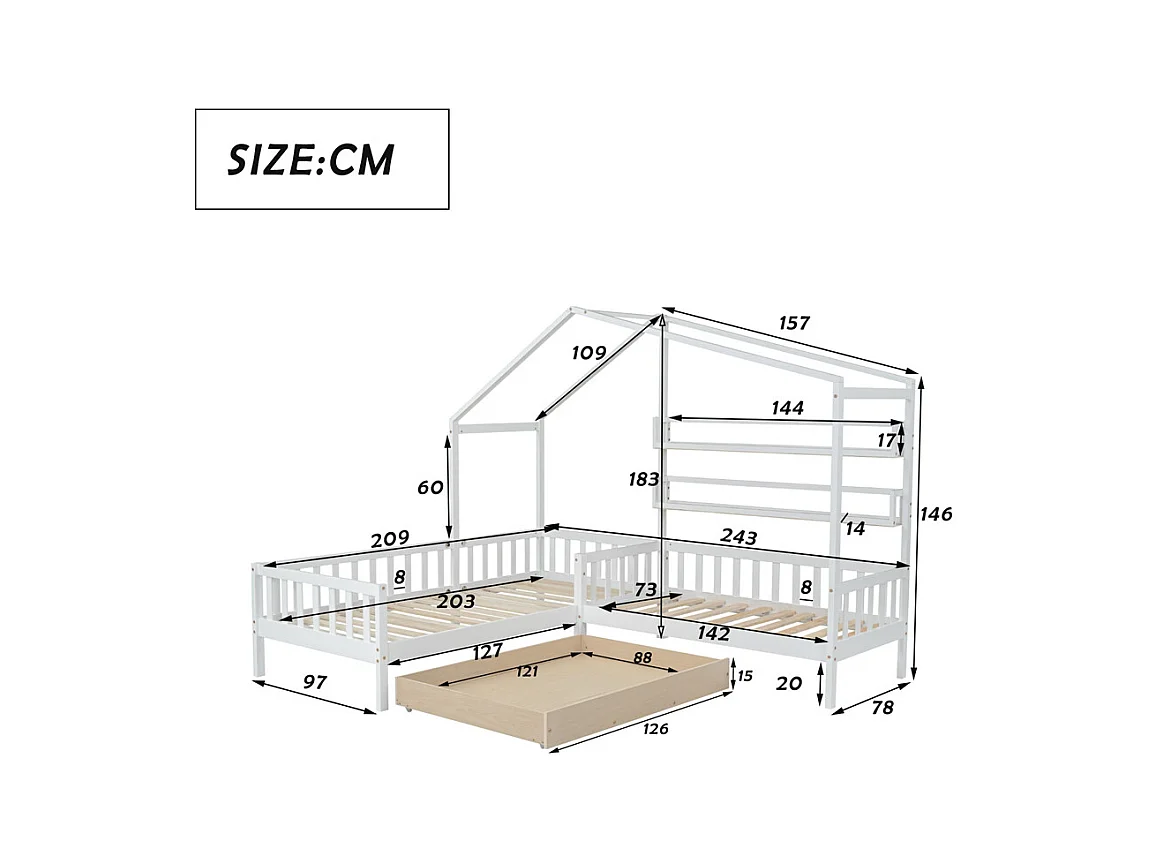 Lit jeune lit 90x200 cm+140x70cm avec tiroirs et étagères avec clôture avec sommier à lattes lit simple bois massif blanc