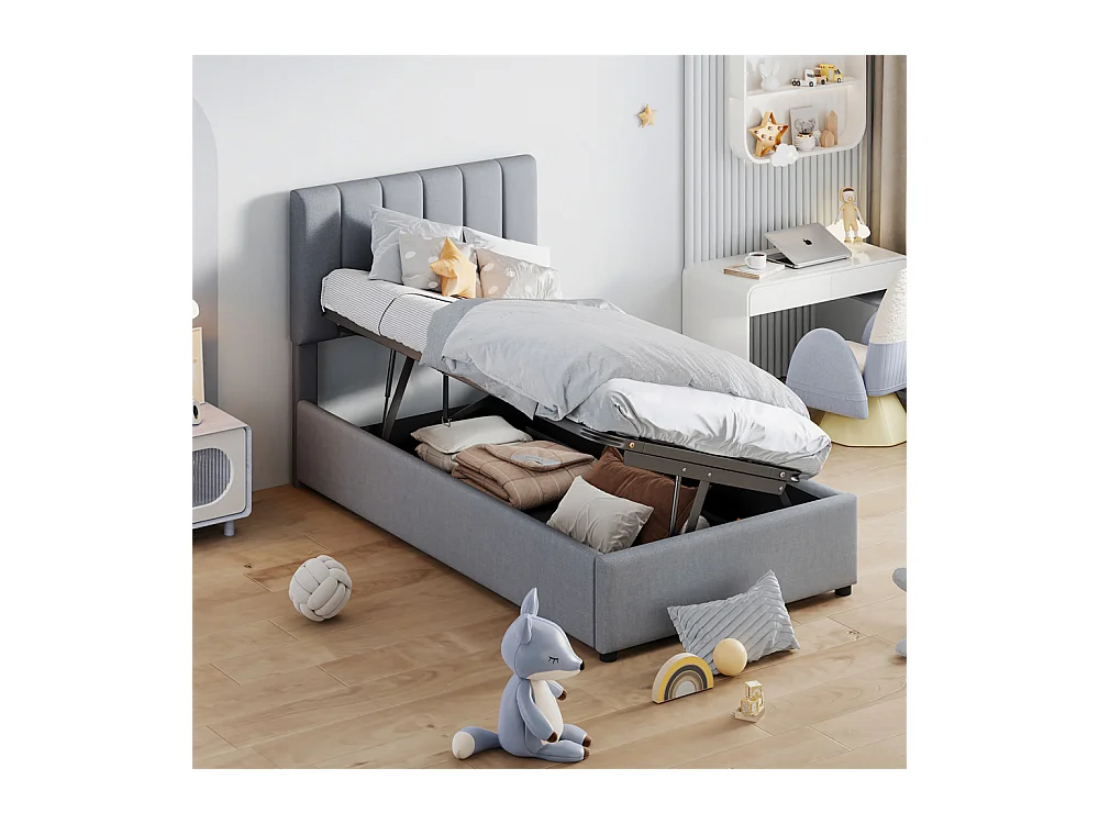 Lit jeune lit 90x200 cm lit de rangement lit rembourré hydraulique lit simple lin gris