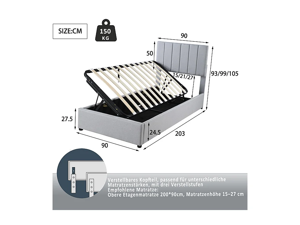 Lit jeune lit 90x200 cm lit de rangement lit rembourré hydraulique lit simple lin gris