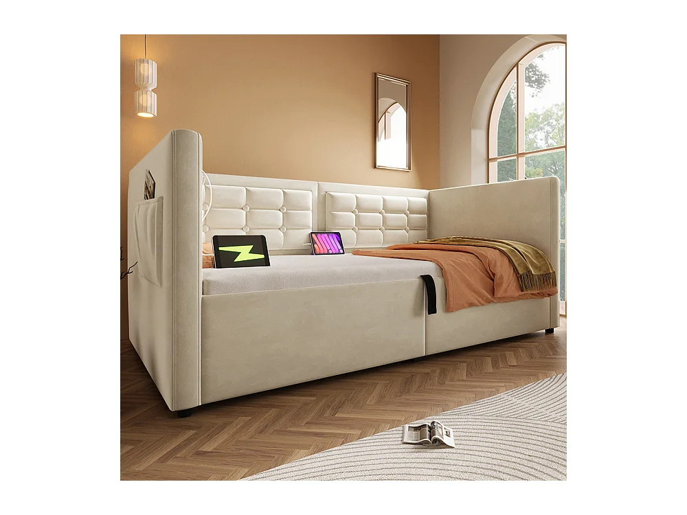 Canapé-lit rembourré 90x200 cm, canapé-lit simple avec espace de rangement hydraulique et station de charge USB & Type-C, beige, sans matelas.