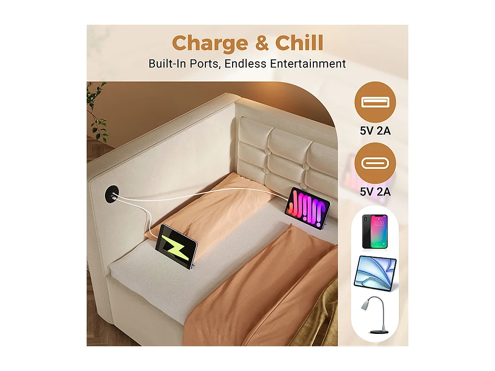 Canapé-lit rembourré 90x200 cm, canapé-lit simple avec espace de rangement hydraulique et station de charge USB & Type-C, beige, sans matelas.