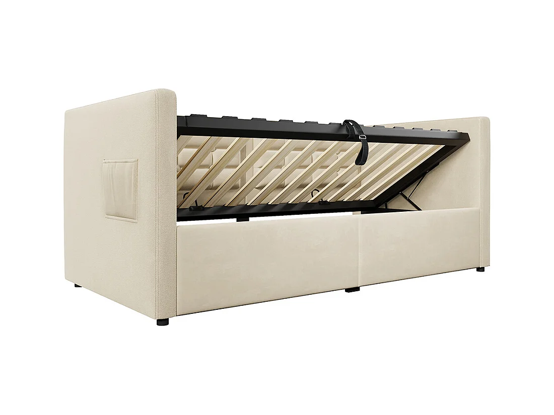 Canapé-lit rembourré 90x200 cm, canapé-lit simple avec espace de rangement hydraulique et station de charge USB & Type-C, beige, sans matelas.