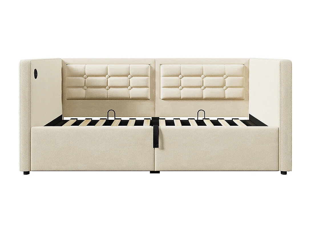 Canapé-lit rembourré 90x200 cm, canapé-lit simple avec espace de rangement hydraulique et station de charge USB & Type-C, beige, sans matelas.