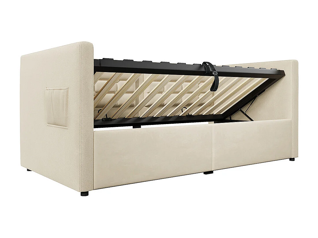 Canapé-lit rembourré 90x200 cm, canapé-lit simple avec espace de rangement hydraulique et station de charge USB & Type-C, beige, sans matelas.