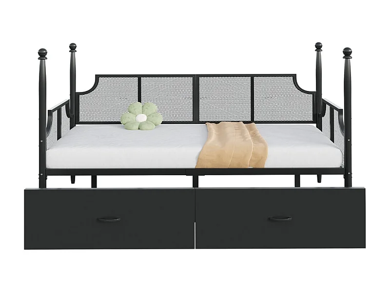 Lit en fer 90x200cm, lit simple avec dossier en filet, accoudoirs et support de colonne, cadre en métal avec compartiments de rangement, lit pour adolescent, noir