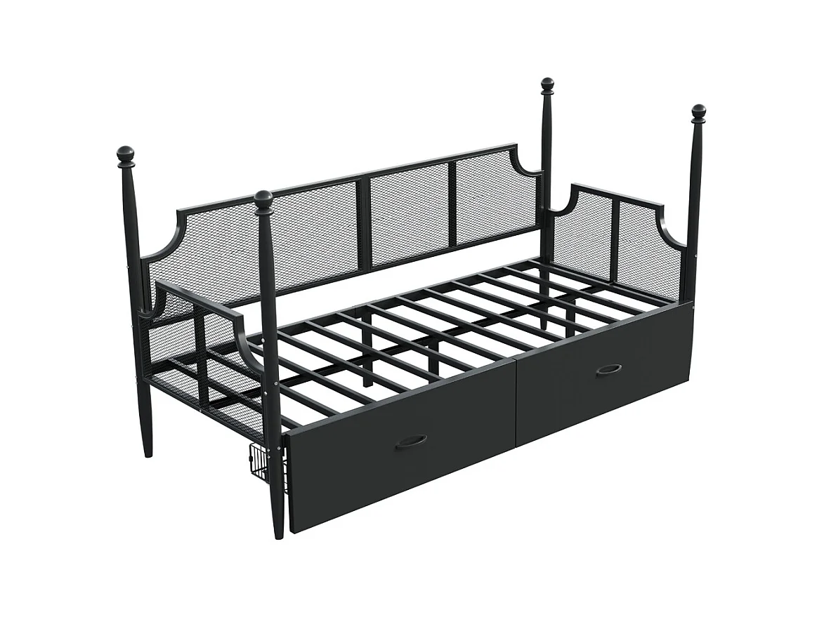 Lit en fer 90x200cm, lit simple avec dossier en filet, accoudoirs et support de colonne, cadre en métal avec compartiments de rangement, lit pour adolescent, noir