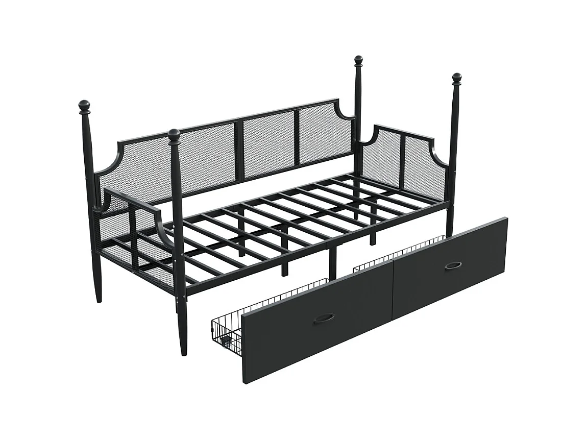 Lit en fer 90x200cm, lit simple avec dossier en filet, accoudoirs et support de colonne, cadre en métal avec compartiments de rangement, lit pour adolescent, noir