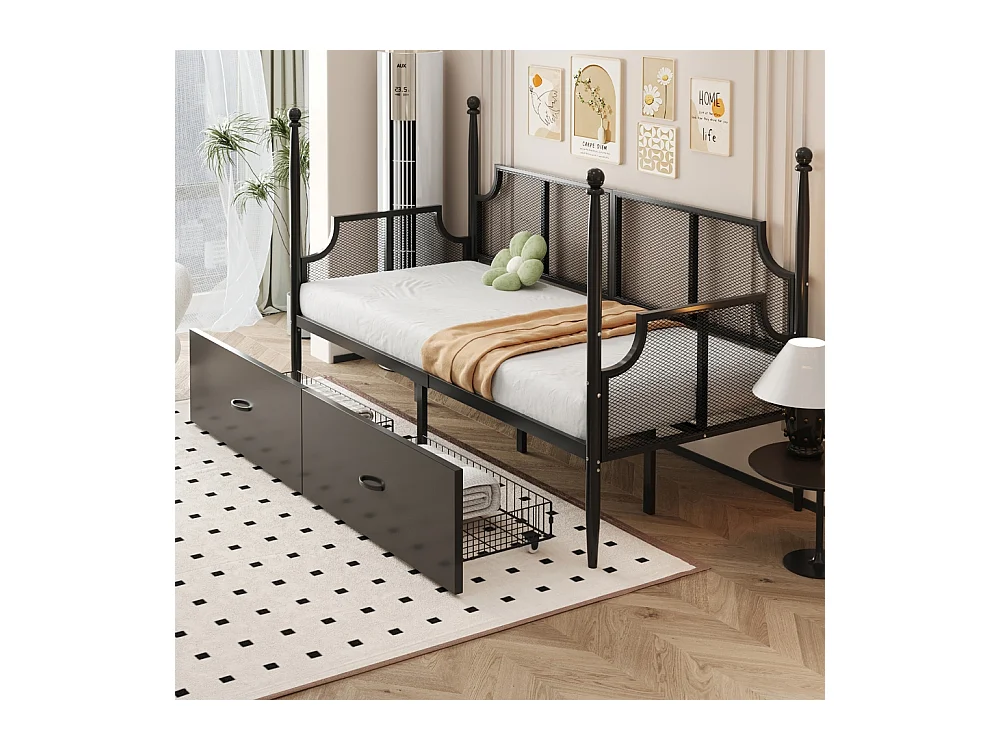 Lit en fer 90x200cm, lit simple avec dossier en filet, accoudoirs et support de colonne, cadre en métal avec compartiments de rangement, lit pour adolescent, noir