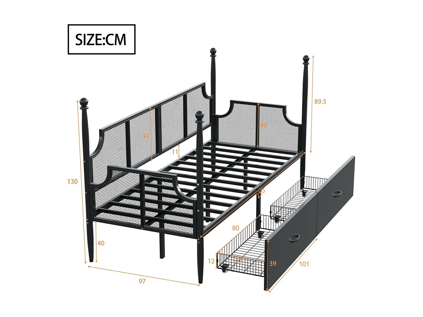 Lit en fer 90x200cm, lit simple avec dossier en filet, accoudoirs et support de colonne, cadre en métal avec compartiments de rangement, lit pour adolescent, noir