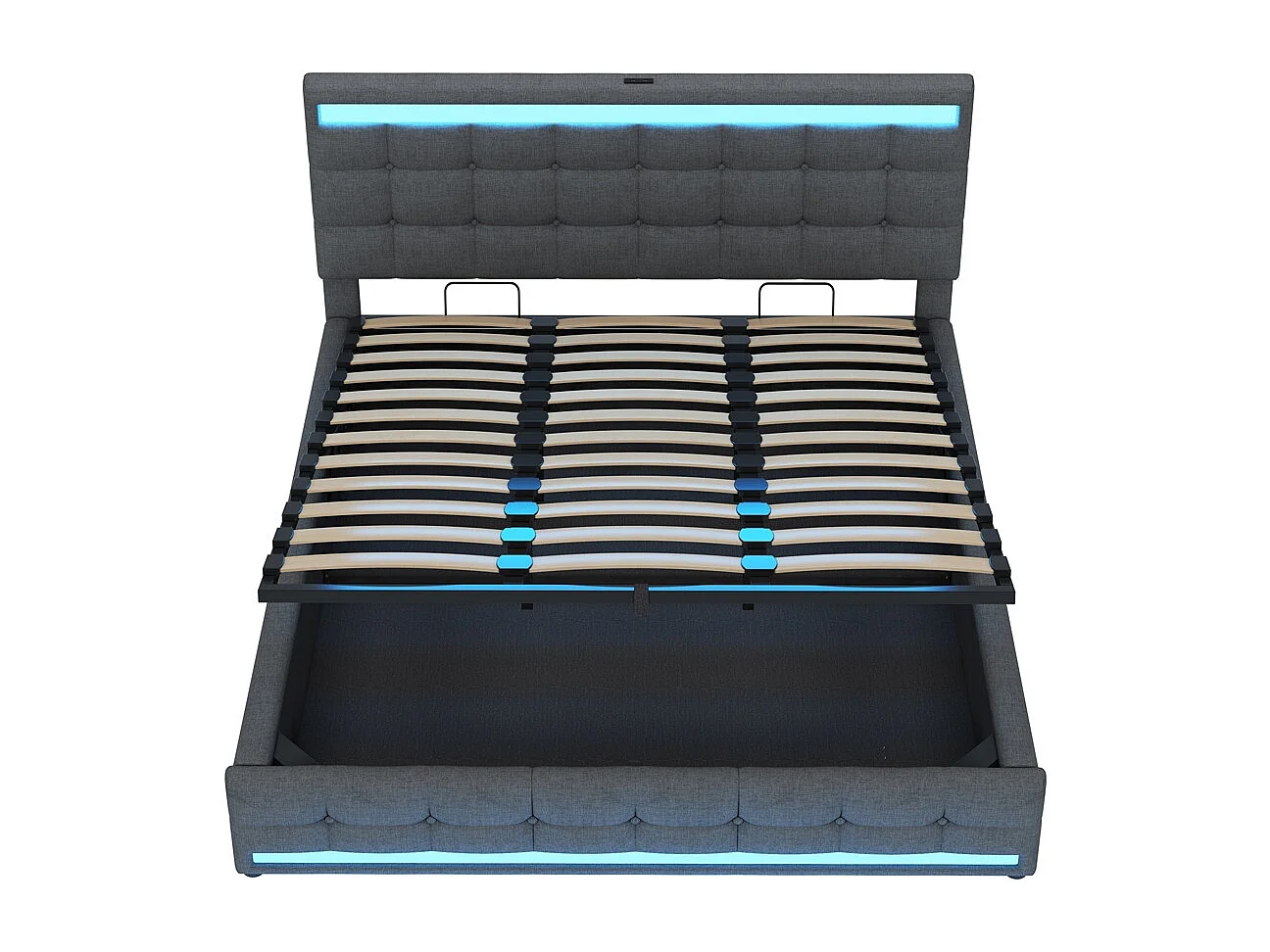 Lit rembourré hydraulique 180x200cm, lit simple, lit de rangement avec usb et bande lumineuse led à couleur changeante, lin, gris