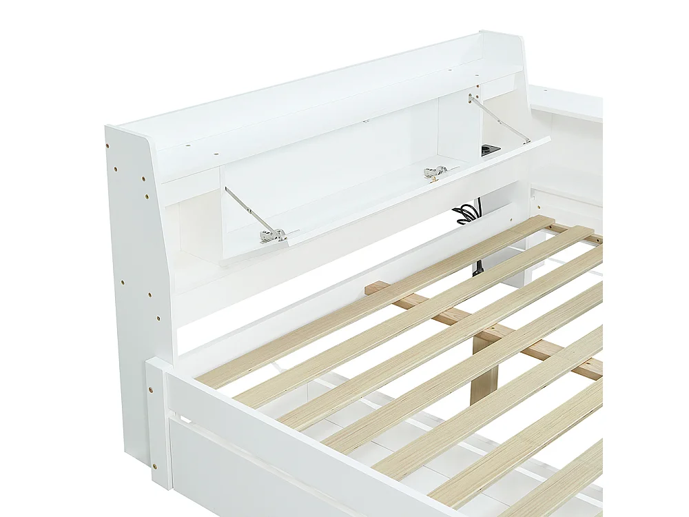 Lit double 140x200cm, lit à panneaux, tête de lit avec rangement + 2 lumières, avec prise de charge, armoires de rangement latérales et tiroirs, blanc