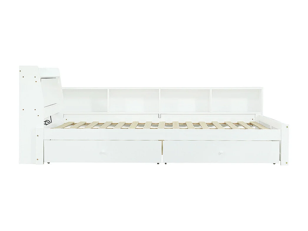 Lit double 140x200cm, lit à panneaux, tête de lit avec rangement + 2 lumières, avec prise de charge, armoires de rangement latérales et tiroirs, blanc