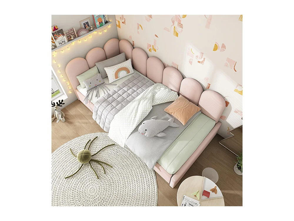 Lit d'enfant lit rembourré 90x190cm, lit simple avec sommier à lattes, lit de rangement avec tiroirs, velours, rose(sans matelas)