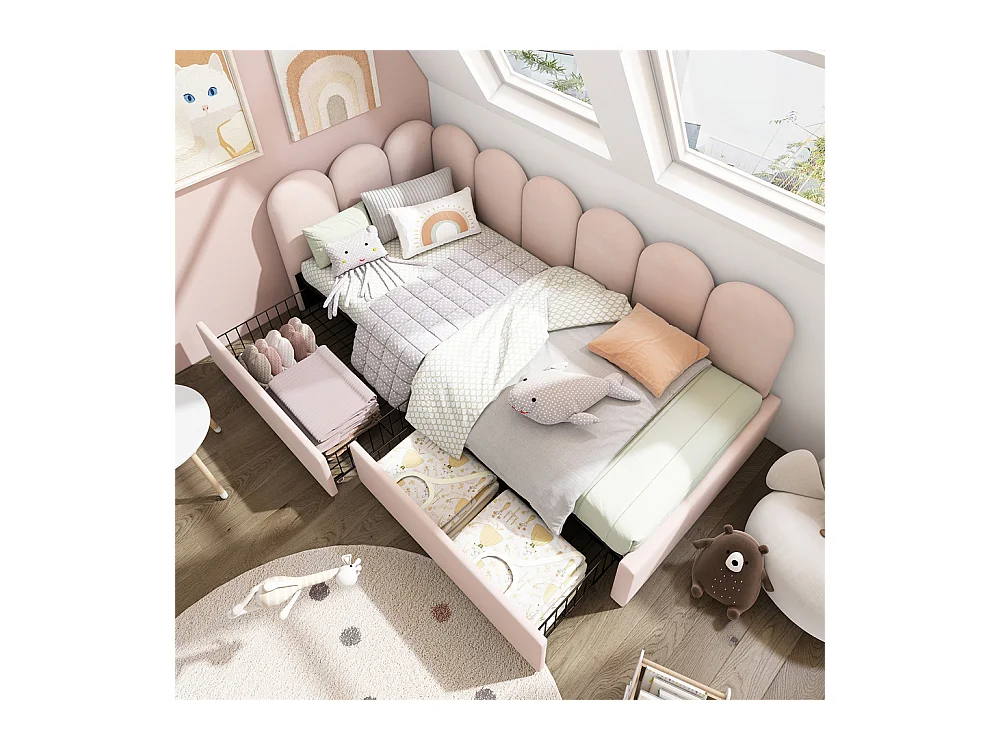 Lit d'enfant lit rembourré 90x190cm, lit simple avec sommier à lattes, lit de rangement avec tiroirs, velours, rose(sans matelas)