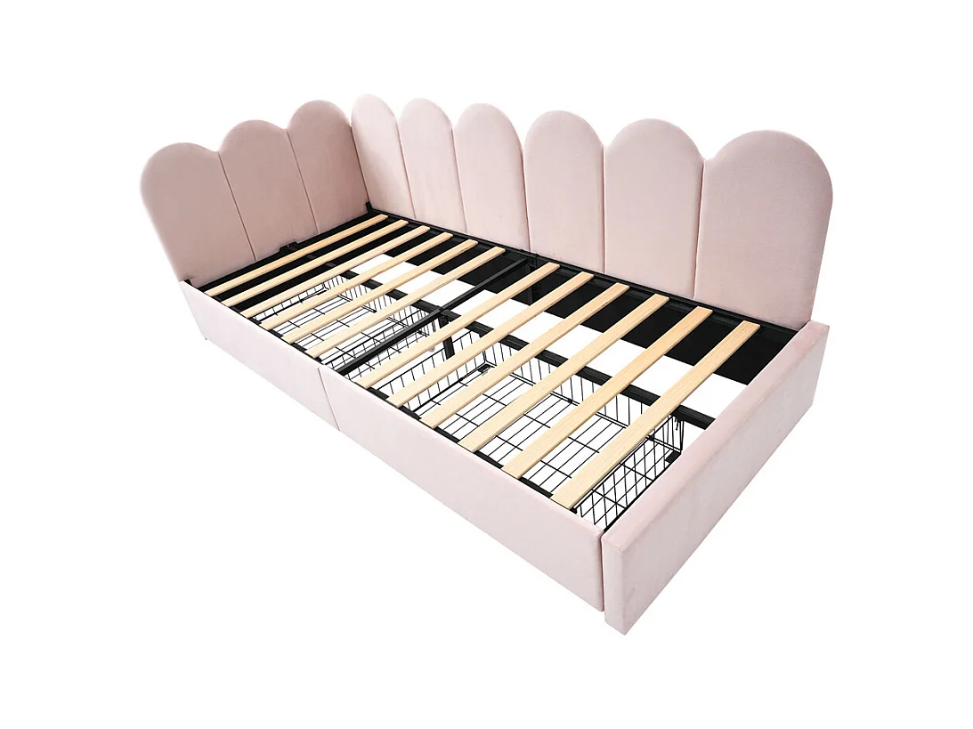 Lit d'enfant lit rembourré 90x190cm, lit simple avec sommier à lattes, lit de rangement avec tiroirs, velours, rose(sans matelas)