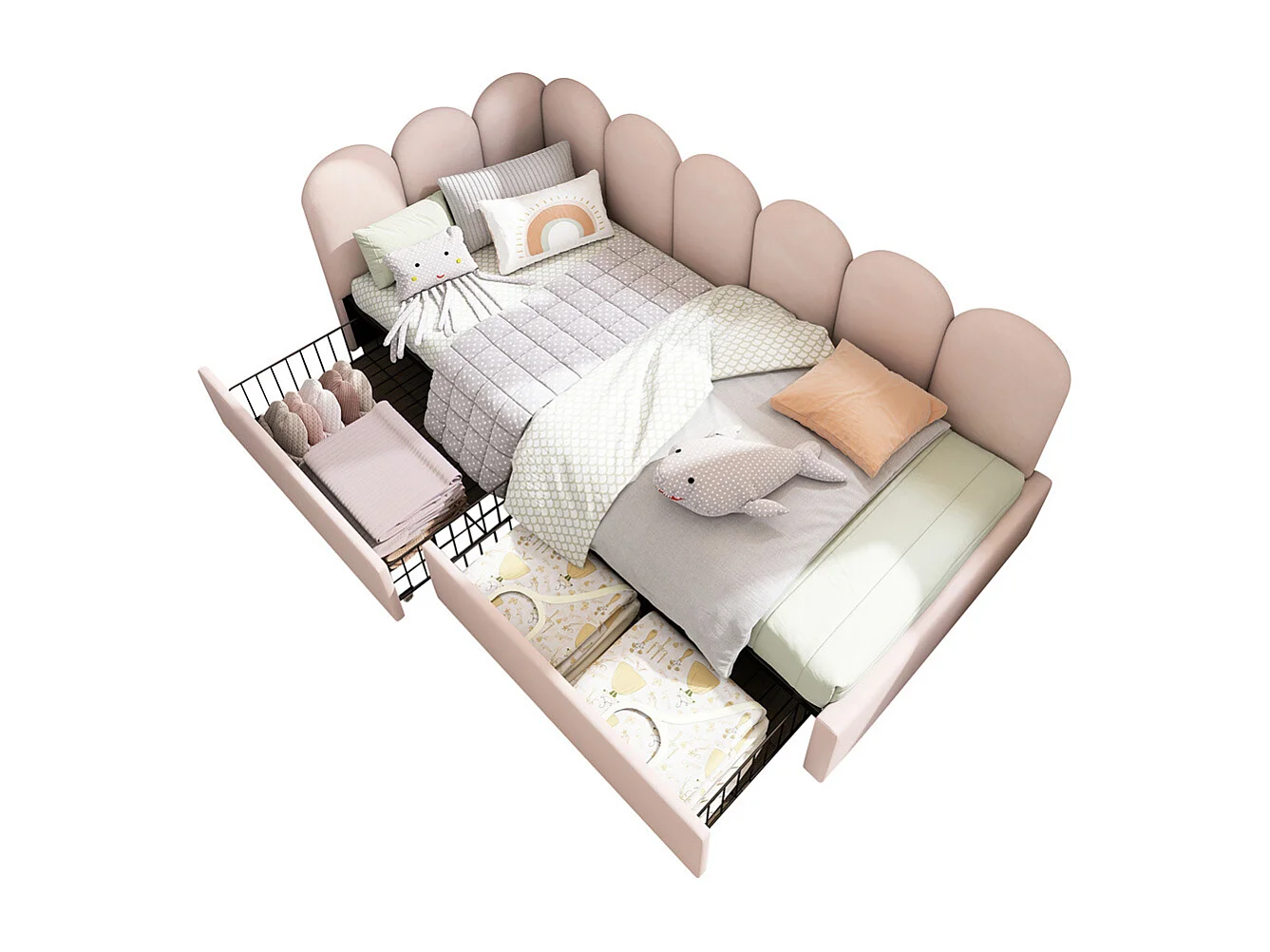 Lit d'enfant lit rembourré 90x190cm, lit simple avec sommier à lattes, lit de rangement avec tiroirs, velours, rose(sans matelas)