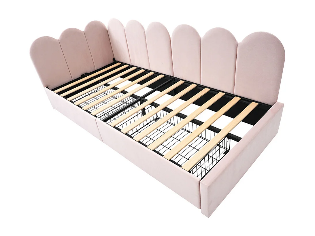 Lit d'enfant lit rembourré 90x190cm, lit simple avec sommier à lattes, lit de rangement avec tiroirs, velours, rose(sans matelas)