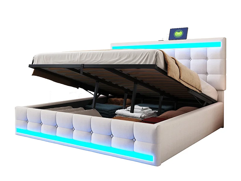 Lit rembourré hydraulique 180x200cm, lit simple, lit de rangement avec usb et bande lumineuse led à couleur changeante, lin, beige
