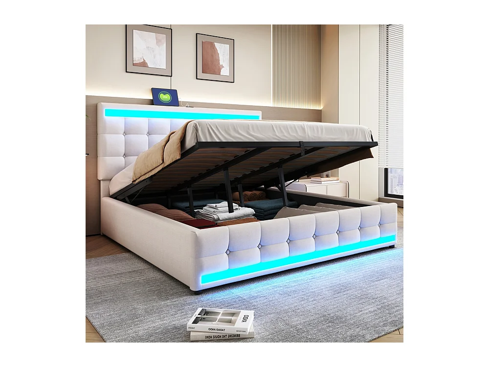 Lit rembourré hydraulique 180x200cm, lit simple, lit de rangement avec usb et bande lumineuse led à couleur changeante, lin, beige