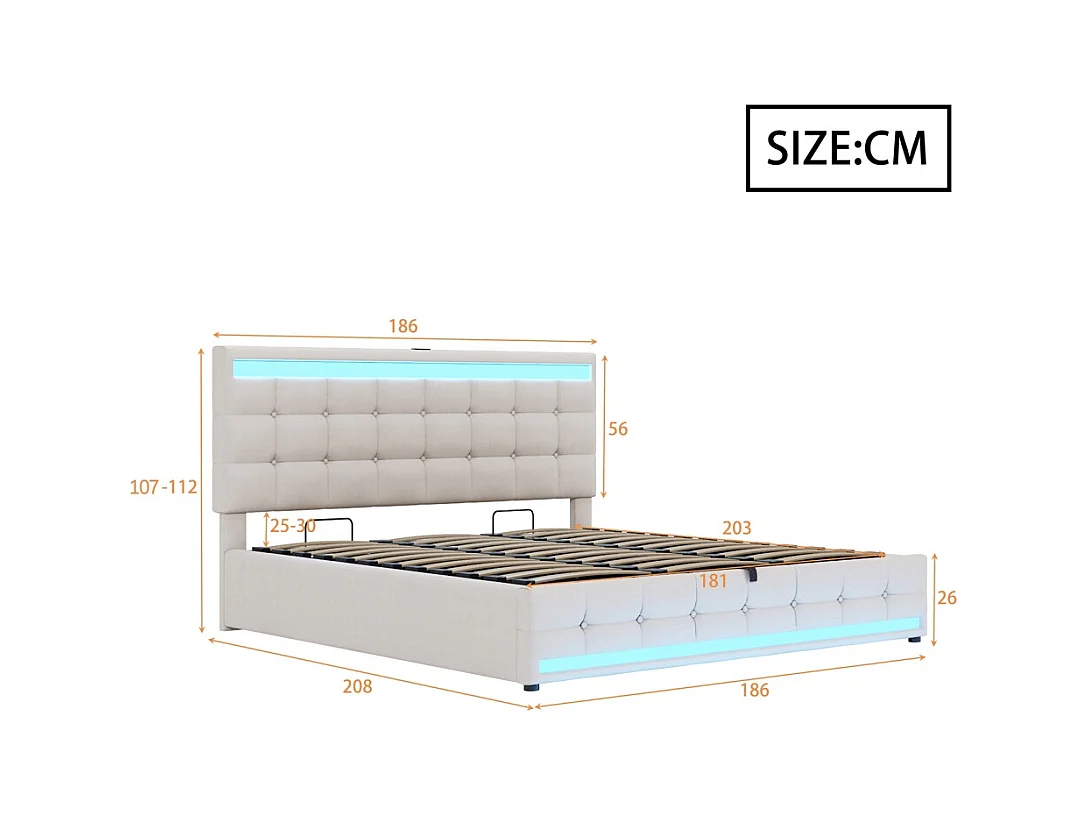Lit rembourré hydraulique 180x200cm, lit simple, lit de rangement avec usb et bande lumineuse led à couleur changeante, lin, beige