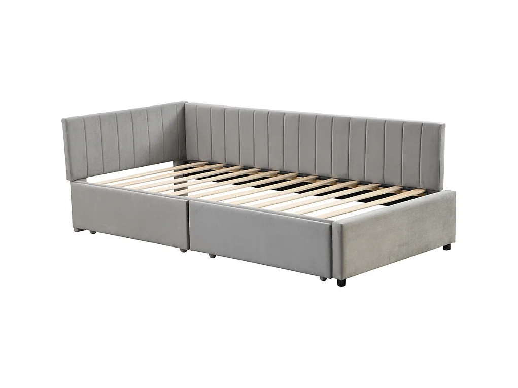Lit jeune lit 90x200 cm lit rembourré avec 2 tiroirs de rangement lit sommier à lattes lit simple tissu en velours gris