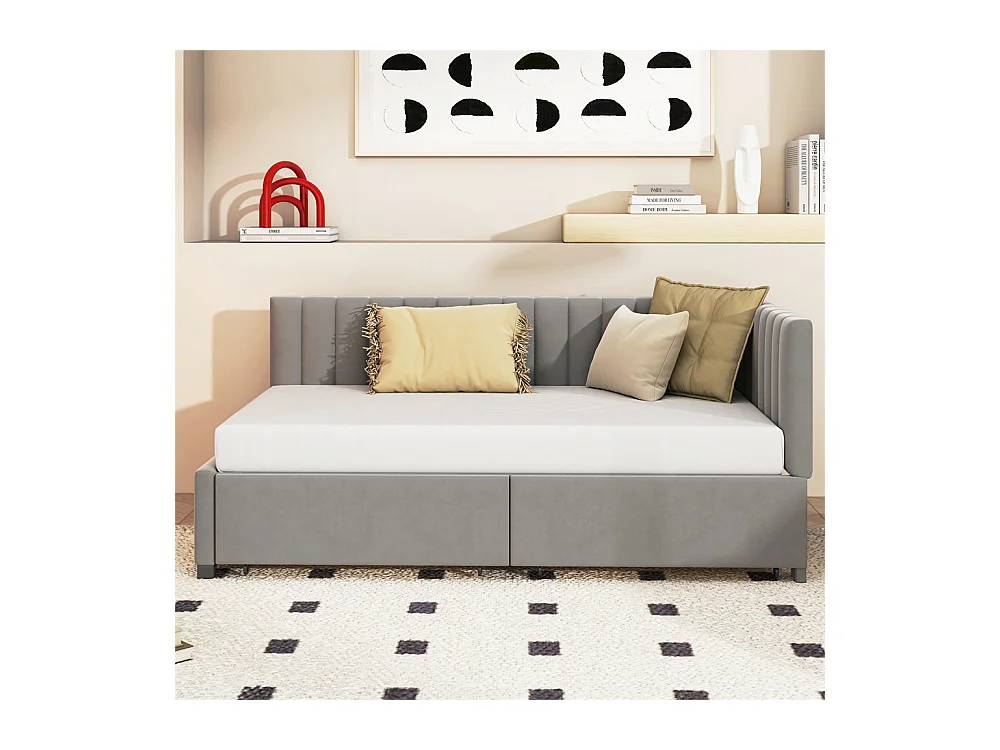 Lit jeune lit 90x200 cm lit rembourré avec 2 tiroirs de rangement lit sommier à lattes lit simple tissu en velours gris