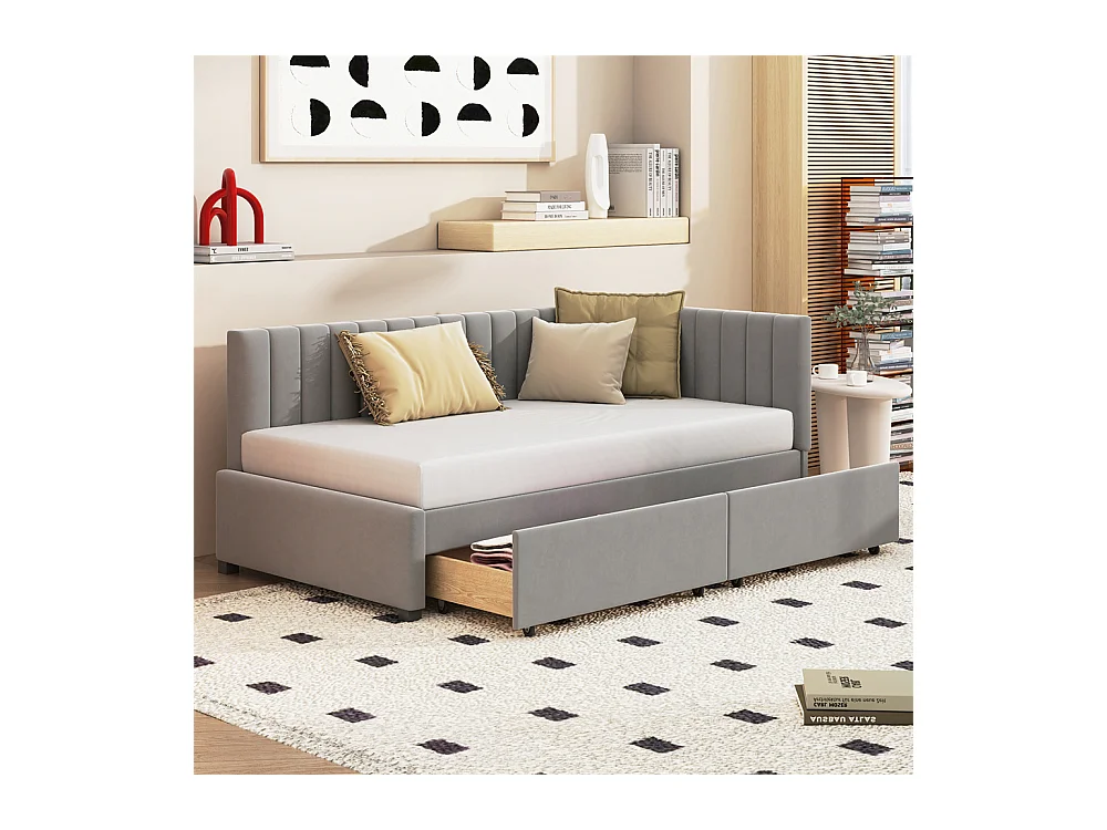 Lit jeune lit 90x200 cm lit rembourré avec 2 tiroirs de rangement lit sommier à lattes lit simple tissu en velours gris