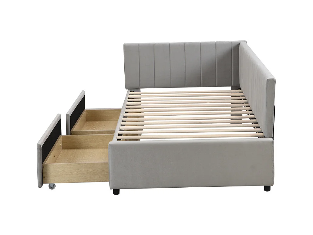 Lit jeune lit 90x200 cm lit rembourré avec 2 tiroirs de rangement lit sommier à lattes lit simple tissu en velours gris