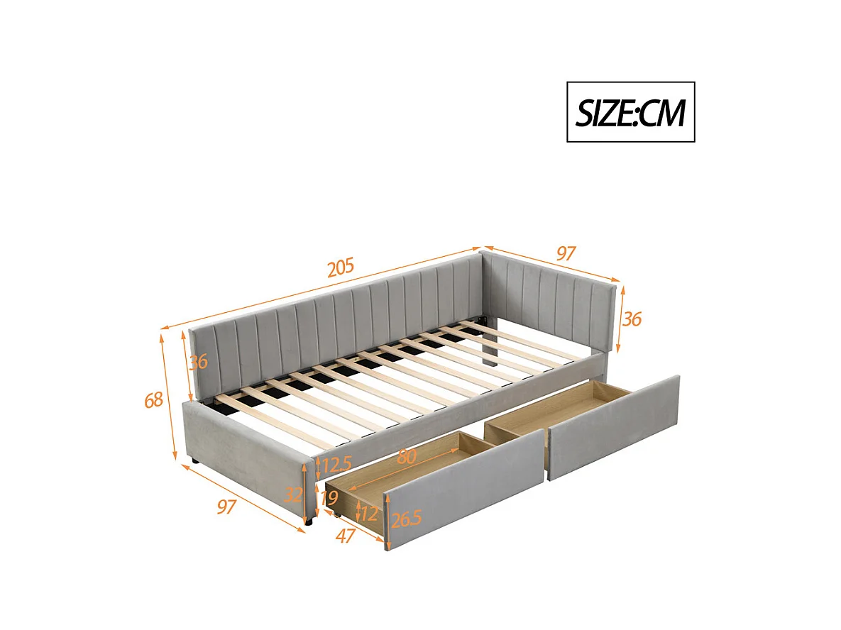 Lit jeune lit 90x200 cm lit rembourré avec 2 tiroirs de rangement lit sommier à lattes lit simple tissu en velours gris