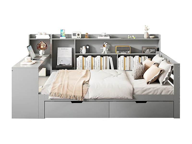 Lit jeune lit 140x200cm lit double en bois avec bureau, étagères et prise de courant bois massif gris