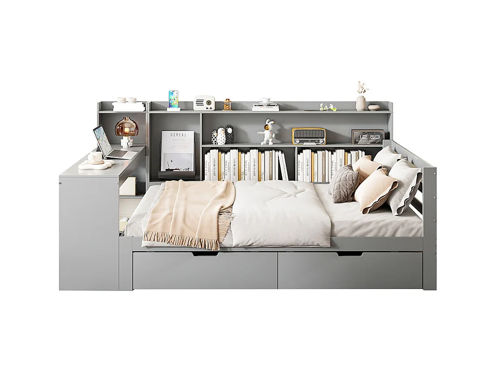 Lit jeune lit 140x200cm lit double en bois avec bureau, étagères et prise de courant bois massif gris