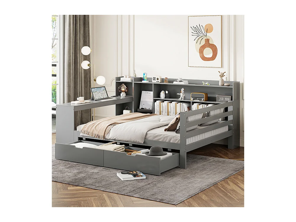 Lit jeune lit 140x200cm lit double en bois avec bureau, étagères et prise de courant bois massif gris