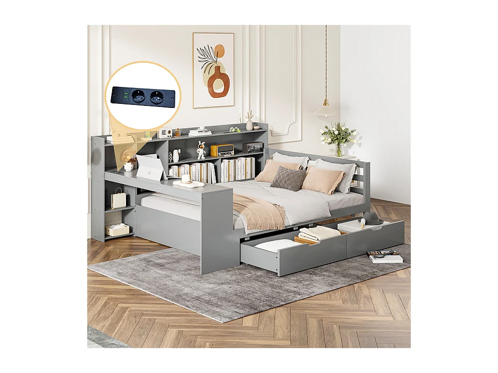 Lit jeune lit 140x200cm lit double en bois avec bureau, étagères et prise de courant bois massif gris