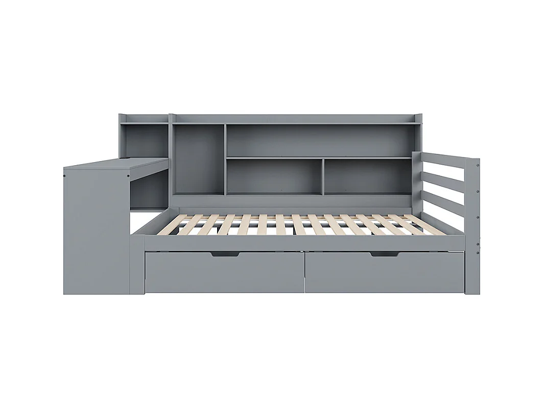 Lit jeune lit 140x200cm lit double en bois avec bureau, étagères et prise de courant bois massif gris