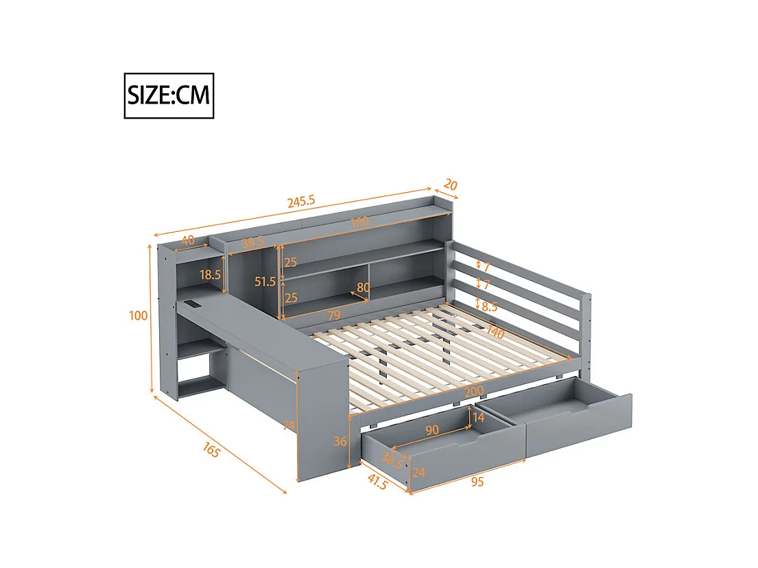 Lit jeune lit 140x200cm lit double en bois avec bureau, étagères et prise de courant bois massif gris