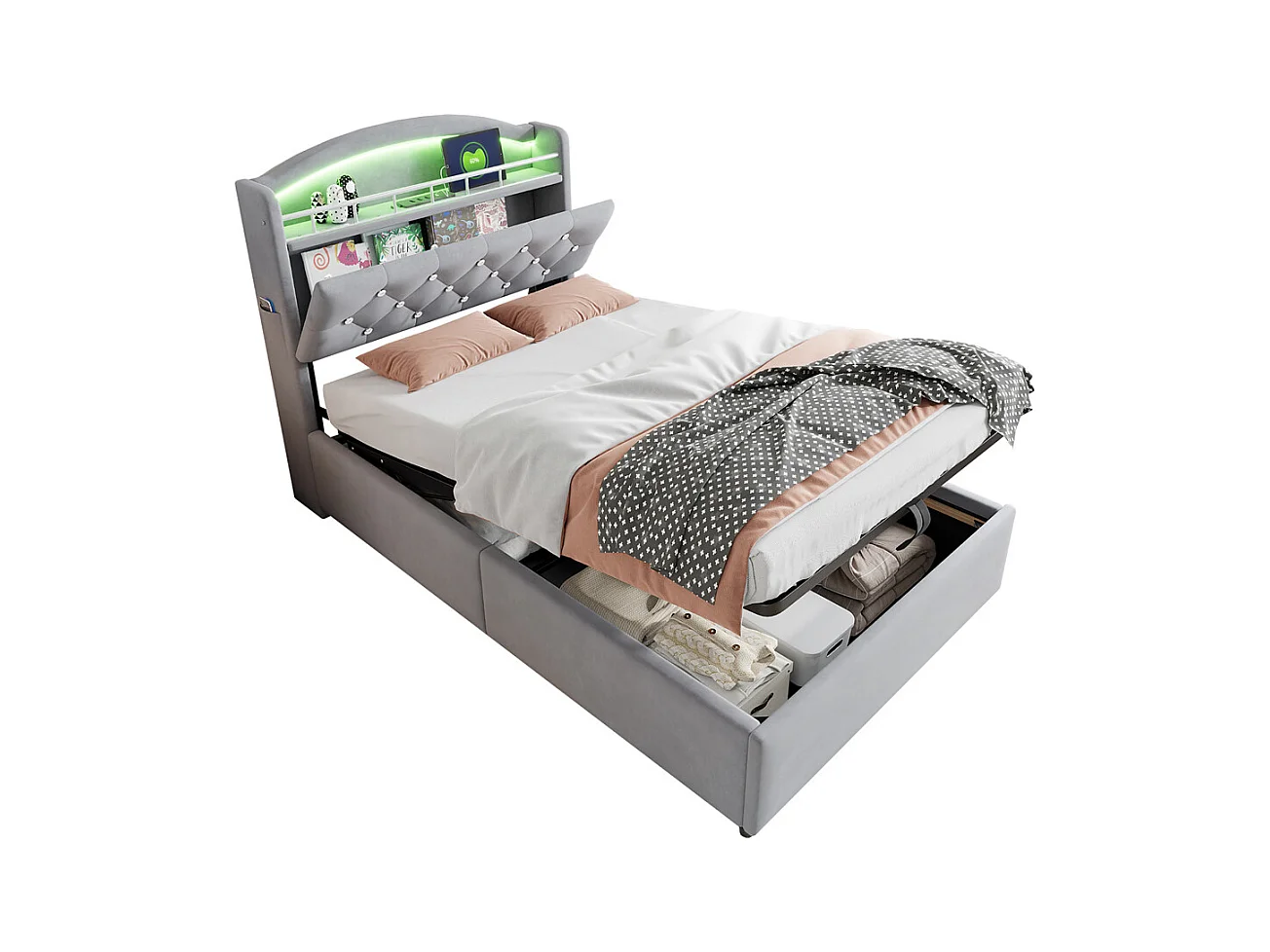 Lit jeune lit 90x200cm lit rembourré lit de rangement lit simple tissu gris