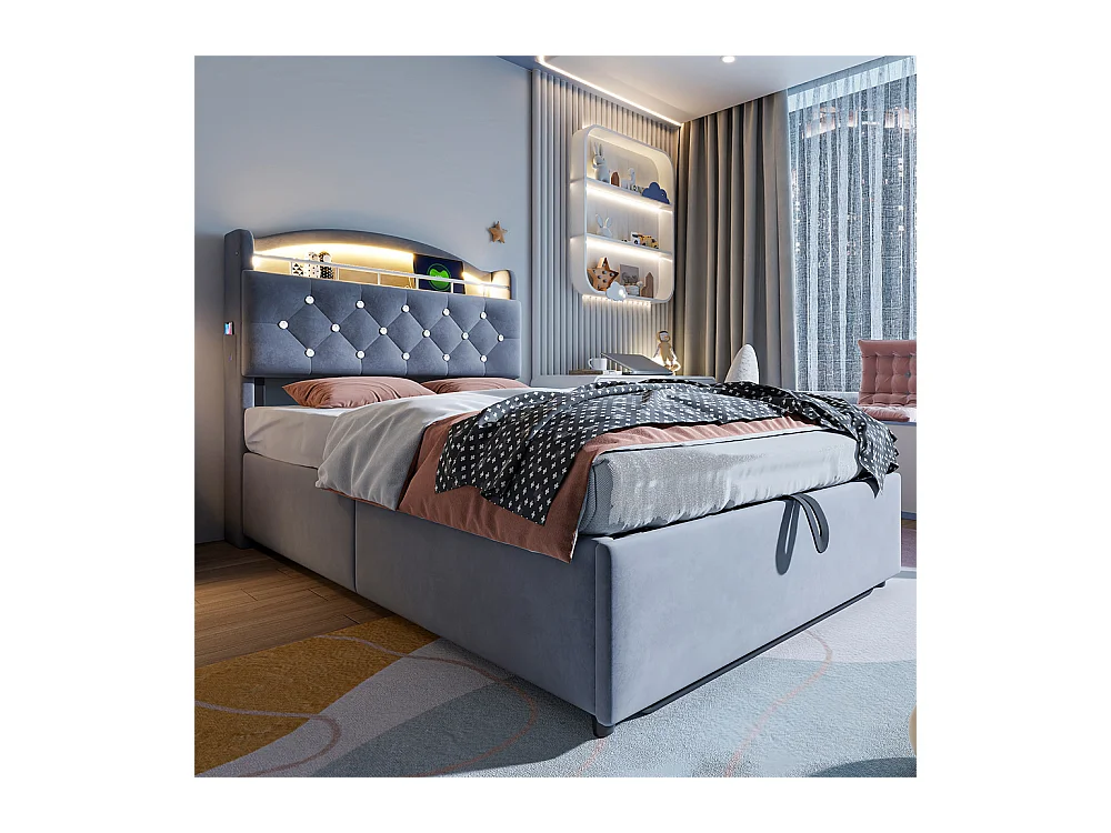 Lit jeune lit 90x200cm lit rembourré lit de rangement lit simple tissu gris