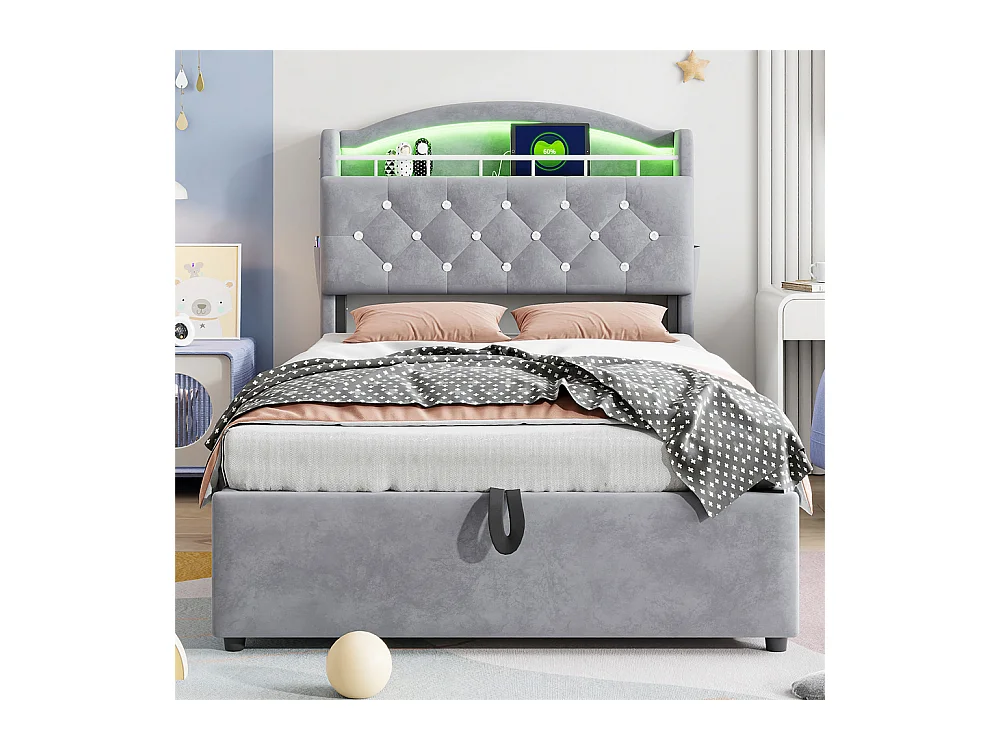 Lit jeune lit 90x200cm lit rembourré lit de rangement lit simple tissu gris