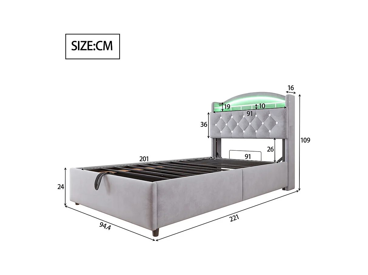 Lit jeune lit 90x200cm lit rembourré lit de rangement lit simple tissu gris