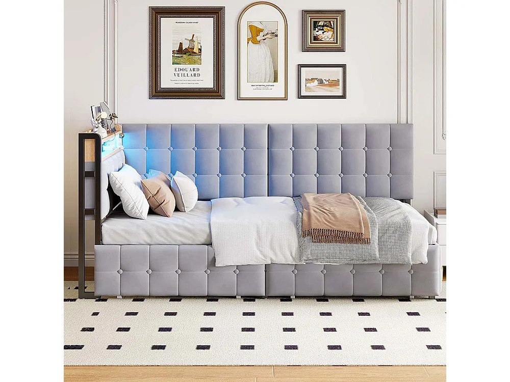 Canapé-lit 90 x 200 cm, lit rembourré avec 2 tiroirs et lampe de chevet LED, lit bateau enfant, canapé-lit simple gris