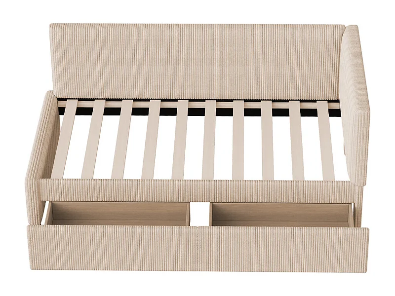 Lit jeune lit 90x200 cm lit rembourré lit sommier à lattes avec 2 tiroirs de rangement lit simple tissu en velours beige