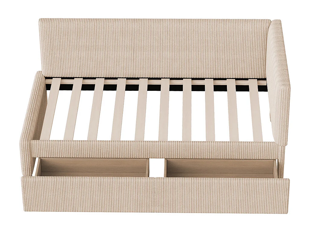 Lit jeune lit 90x200 cm lit rembourré lit sommier à lattes avec 2 tiroirs de rangement lit simple tissu en velours beige